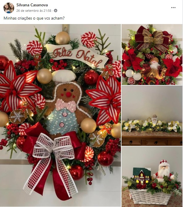 Post de aluna: 'Minhas criações' — guirlanda com boneco de gingerbread, arranjos e cesta natalina.