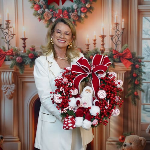 Rose segurando uma guirlanda vermelha e branca com tema de doces e Papai Noel, diante de uma lareira decorada.
