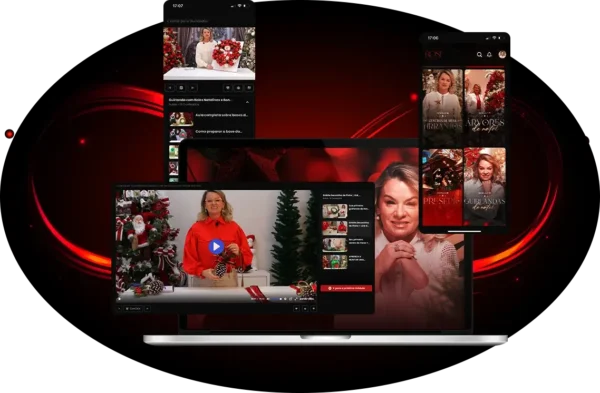 Portal do Aluno e App Rose Decor em notebook, tablet e celular, com as aulas do Natal Encantado.
